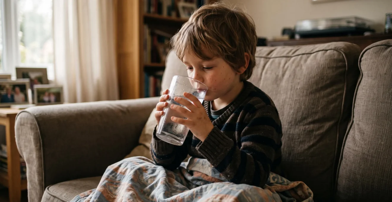 Un enfant fatigué boit un verre d'eau assis sur un canapé.