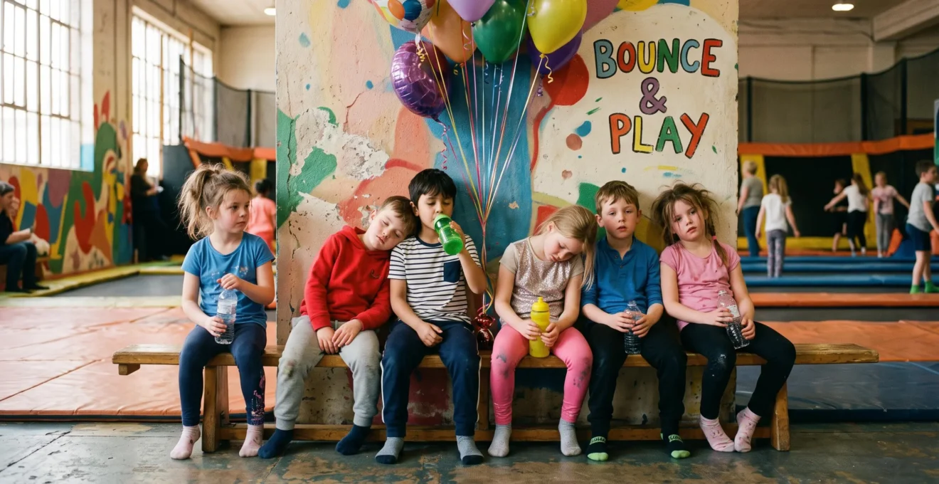 Des enfants fatigués se reposent sur un banc après une session de trampoline.