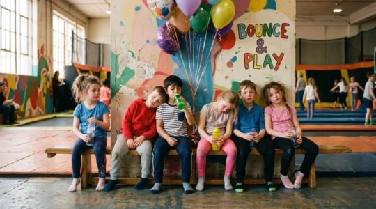 Des enfants fatigués se reposent sur un banc après une session de trampoline.
