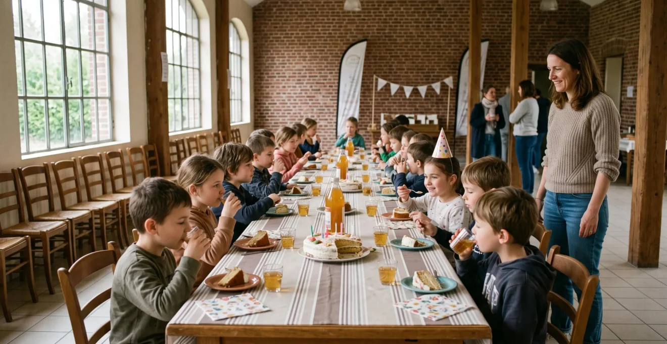 Des enfants prennent le goûter autour d'une table lors d'un anniversaire.