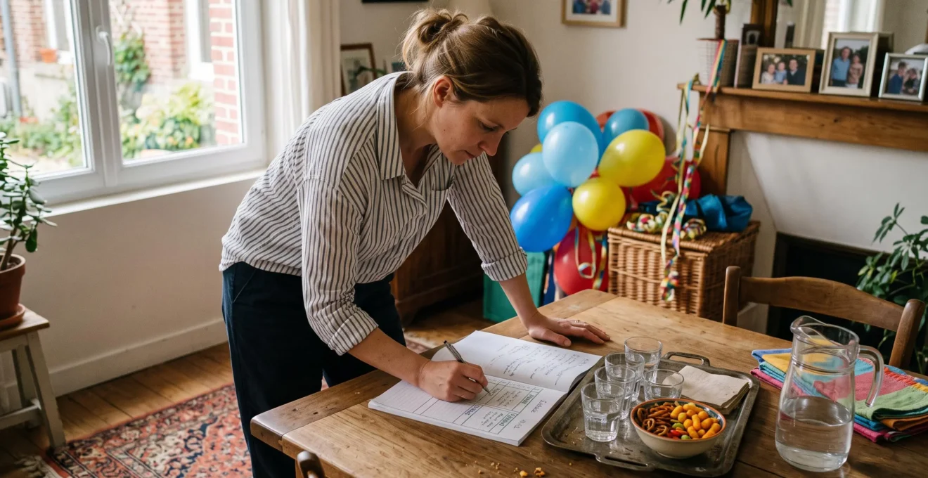 Une mère planifie les pauses d'un anniversaire sur une feuille posée sur la table.